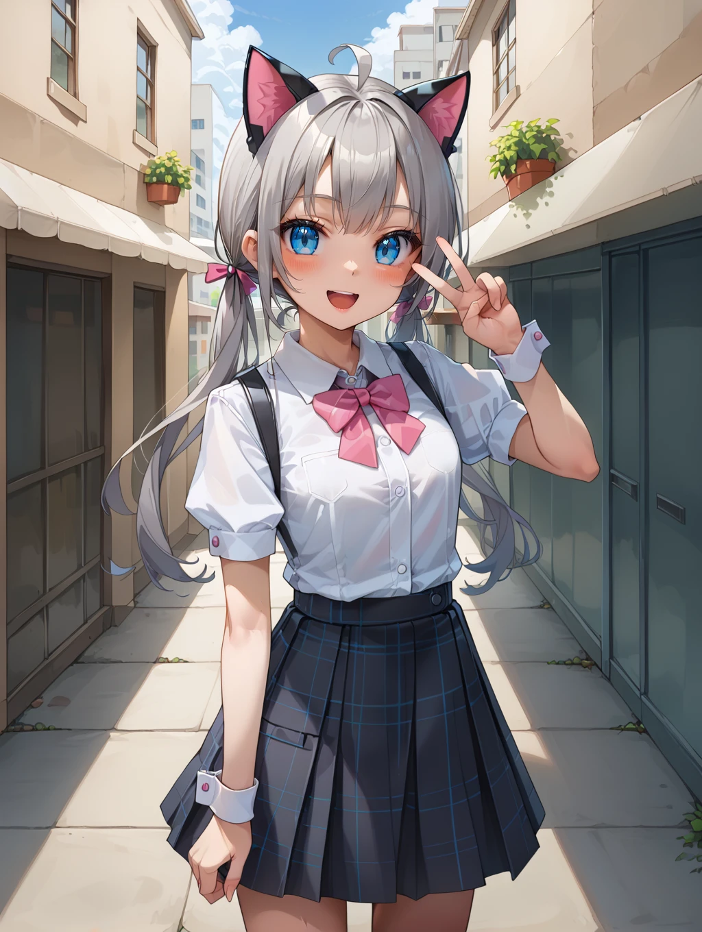 Anime girl with gray hair and blue eyes in a school uniform - SeaArt AI