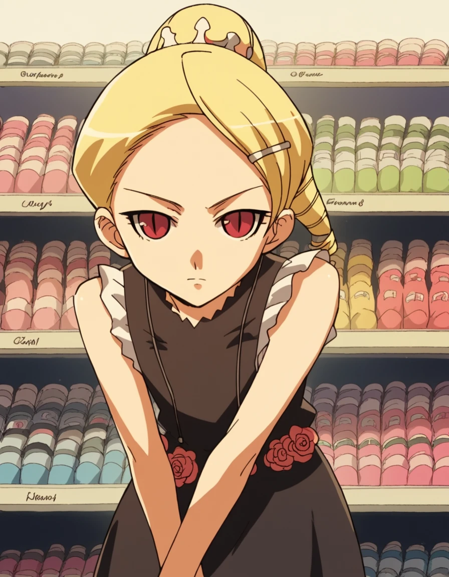 score_9, score_8_up, score_7_up, source_anime, <lora:kaibutsuoujo-sherwood-s1-ponyxl-lora-nochekaiser:1>, sherwood, blonde hair, hair ornament, red eyes, ponytail, hairclip, drill hair, dress, flower, black dress, black dress, skirt, frilled skirt, black skirt, sleeveless, sleeveless dress, music store, browsing records, headphones, vinyl collection, nostalgic, , leaning forward,, looking at viewer, solo,, dutch angle, cowboy shot