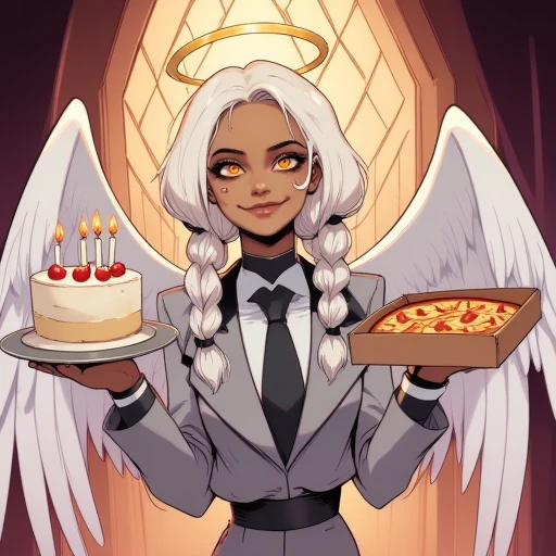 Digital ilustration featuring Gabriella the Goober angel holding a birthday cake in one hand and box of pizza in the other