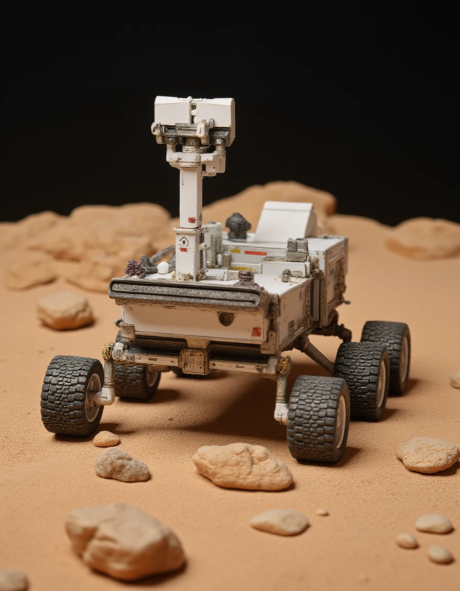 <lora:m1n14tur3_F1D_SGX:1.0>,m1n14tur3 style, a photo of a small model of a model of the perserverence mars rover, taking samples on the martian terrain,photo realistic,hyperrealism,ornate,studio photograph,bokeh,tilt shift,intricate detail,dramatic,shadows