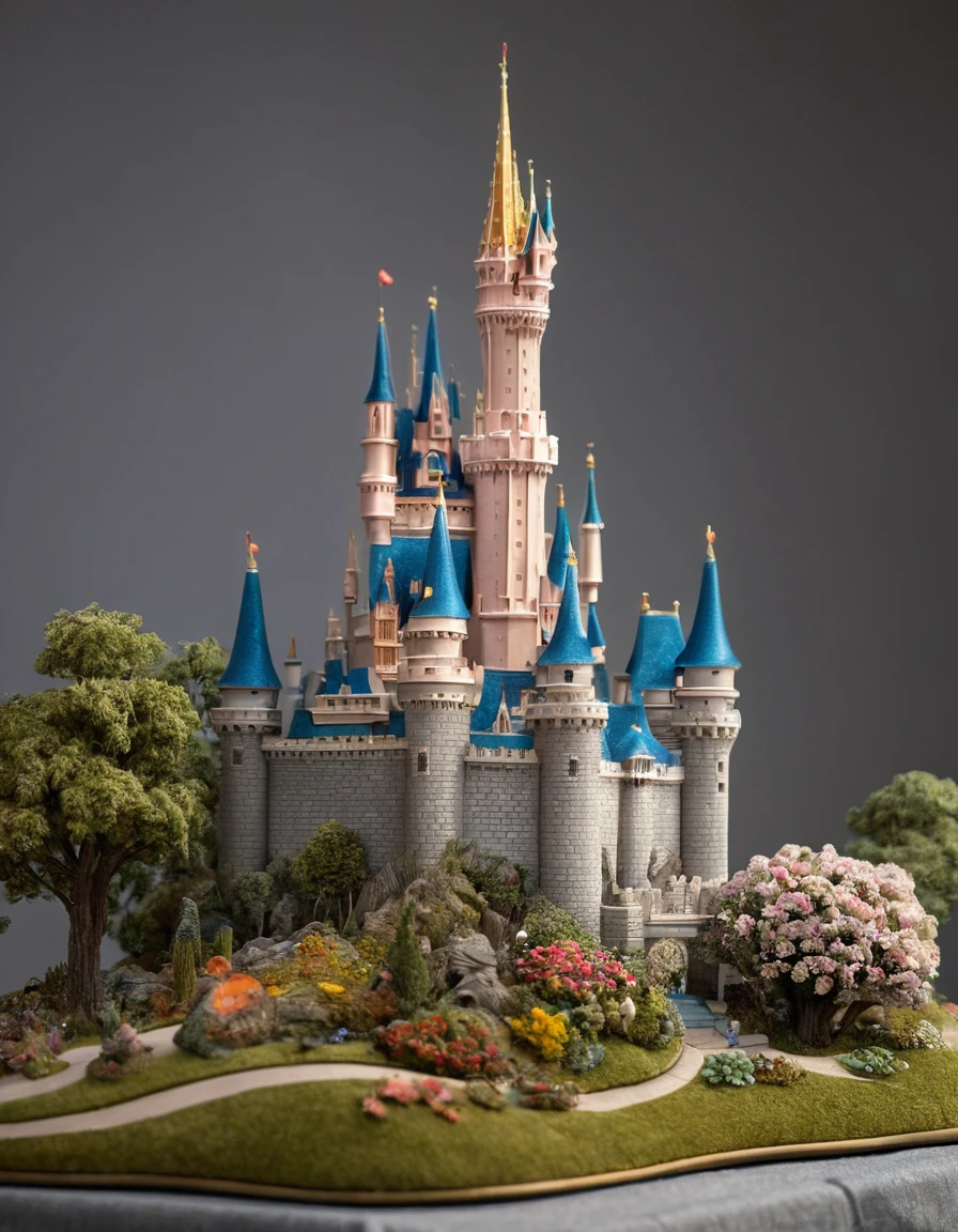 <lora:m1n14tur3_07XL-000008:1.2>,m1n14tur3 style, a small model of Cinderella's Castle at Disney World,trees,flowers,birds,squirrels,landscape architecture render,photo realistic,hyperrealism,ornate,studio photograph,bokeh,tilt shift,intricate detail,dramatic,shadows,model displayed on a gray cloth with a simple background