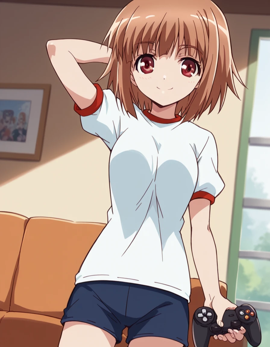 score_9, score_8_up, score_7_up, source_anime, <lora:airi-kashii-s1-ponyxl-lora-nochekaiser:1>, airi kashii, short hair, brown hair, red eyes,, gym uniform, shorts,, living room, video game, controller, competitive, fun, afternoon, smile, hand behind head, , looking at viewer, solo,, dutch angle, cowboy shot