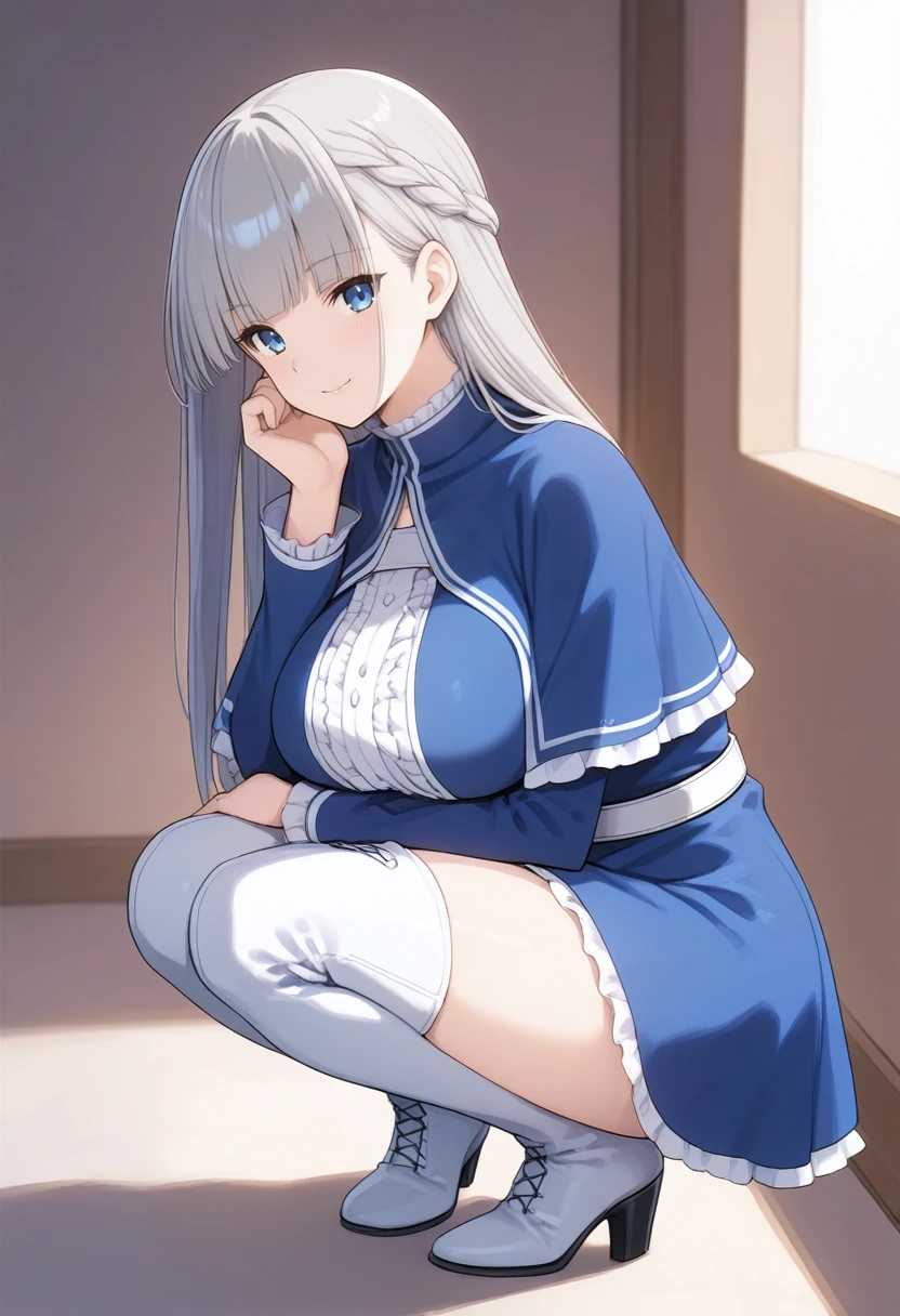 1girl, solo
<lora:SDXL_lawine__i:0.8> lawin
blue eyes, long hair, looking at viewer, dress, bangs, capelet, frills,long sleeves, smile, 
grey hair,  blue dress, blue capelet, center frills,large breasts,white belt, breasts, blue skirt, short dress, zettai ryouiki, thighs, 
thigh boots, white footwear, lace-up boots, squatting, full body, 
masterpiece, best quality,ultra-detailed, very aesthetic,