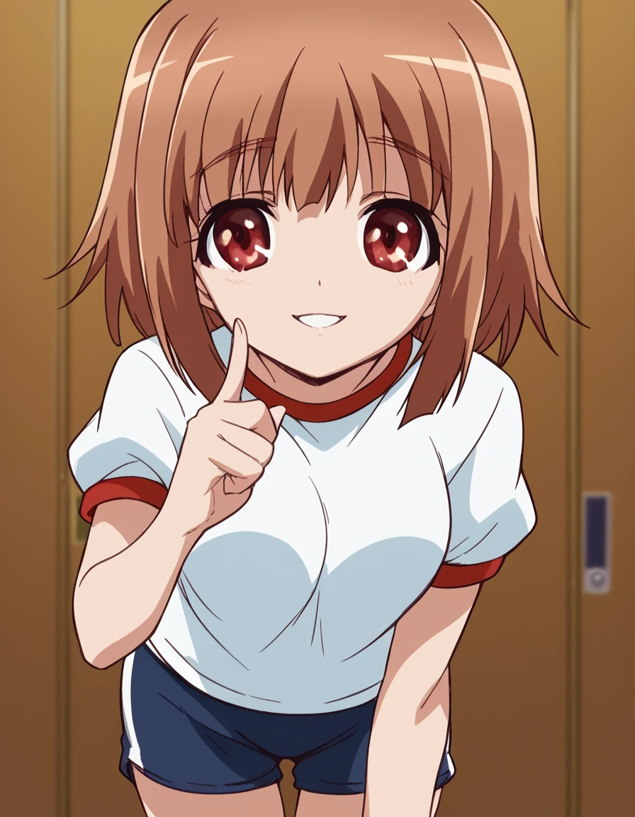 score_9, score_8_up, score_7_up, source_anime, <lora:airi-kashii-s1-ponyxl-lora-nochekaiser:1>, airi kashii, short hair, brown hair, red eyes,, gym uniform, shorts,, school hallway, lockers, between classes, everyday life, smile, <lora:finger-to-cheek-ponyxl-lora-nochekaiser:1>, finger to cheek, index finger raised, pointing at self, bedroom, parted lips, leaning forward, bent over, cowboy shot, dutch angle,, looking at viewer, solo,, dutch angle, cowboy shot