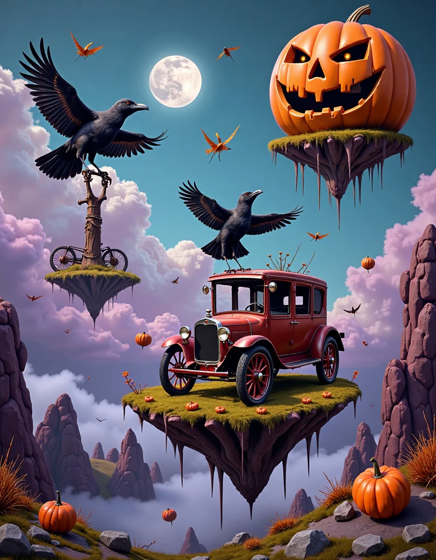 setoscape_style, A masterful surrealist Halloween painting in the distinctive style of Tomasz Setowski, portraying a whimsical, eerie landscape where floating islands drift through misty, moonlit skies. The islands are haunted with surreal mechanical-organic creatures, like crows made of twisted rusted metal, with glowing eyes, and vintage Halloween objects, including a skeletal antique carriage suspended in mid-air with oversized, spiked wheels, defying gravity. The sky above features a large, grinning jack-o'-lantern face, casting an ominous glow over the scene. The composition is rich in dark, jewel-toned purples, deep oranges, and sharp contrasts, with layers of perspective that evoke a sense of unsettling mystery. Soft, painterly strokes bring the ghostly mechanical textures to life, blending precision with haunted imagination in this surreal, Halloween world