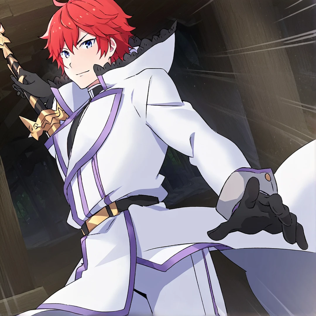 <lora:Reinhard:1>, reinhard, stands at exactly six feet tall, his most striking feature, is his distinct flaming red hair, that shines as brightly, his sparkling blue eyes, portray a sense of confidence and recklessness, his slender frame, features an array of well-toned muscles, he exuded an aura of gallantry, and, at a first glance, he gave off an intimidating air, that indicated him as someone who is above the norm, his extraordinarily handsome face, beyond average looks and his open, calming and approachable personality, makes him very popular with people, which catches the eye of many women, further exemplifying his magnificence, his casual attire consists of, a well-made black shirt, that he also wears as part of his uniform, white trousers with lilac cuffs, black shoes, black gloves, and a double-breasted white long coat, with a cutaway front, rolled cuffs, lapels, and lilac lining, the crest can be seen proudly pictured, on the upper part of his left sleeve, and a black belt, is fastened tightly around his waist, with it, he fastens his esteemed dragon sword reid, whenever he has to go out, solo, in a city, with sakura trees