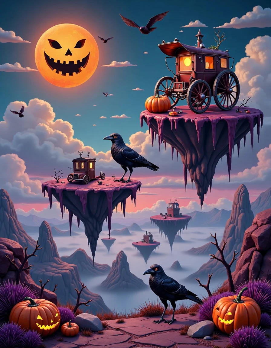 setoscape_style, A masterful surrealist Halloween painting in the distinctive style of Tomasz Setowski, portraying a whimsical, eerie landscape where floating islands drift through misty, moonlit skies. The islands are haunted with surreal mechanical-organic creatures, like crows made of twisted rusted metal, with glowing eyes, and vintage Halloween objects, including a skeletal antique carriage suspended in mid-air with oversized, spiked wheels, defying gravity. The sky above features a large, grinning jack-o'-lantern face, casting an ominous glow over the scene. The composition is rich in dark, jewel-toned purples, deep oranges, and sharp contrasts, with layers of perspective that evoke a sense of unsettling mystery. Soft, painterly strokes bring the ghostly mechanical textures to life, blending precision with haunted imagination in this surreal, Halloween world