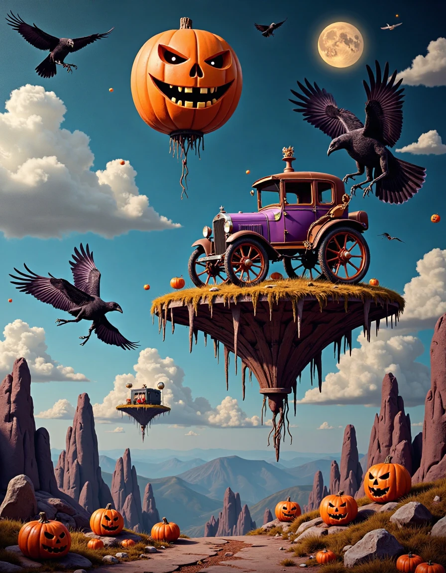 setoscape_style, A masterful surrealist Halloween painting in the distinctive style of Tomasz Setowski, portraying a whimsical, eerie landscape where floating islands drift through misty, moonlit skies. The islands are haunted with surreal mechanical-organic creatures, like crows made of twisted rusted metal, with glowing eyes, and vintage Halloween objects, including a skeletal antique carriage suspended in mid-air with oversized, spiked wheels, defying gravity. The sky above features a large, grinning jack-o'-lantern face, casting an ominous glow over the scene. The composition is rich in dark, jewel-toned purples, deep oranges, and sharp contrasts, with layers of perspective that evoke a sense of unsettling mystery. Soft, painterly strokes bring the ghostly mechanical textures to life, blending precision with haunted imagination in this surreal, Halloween world