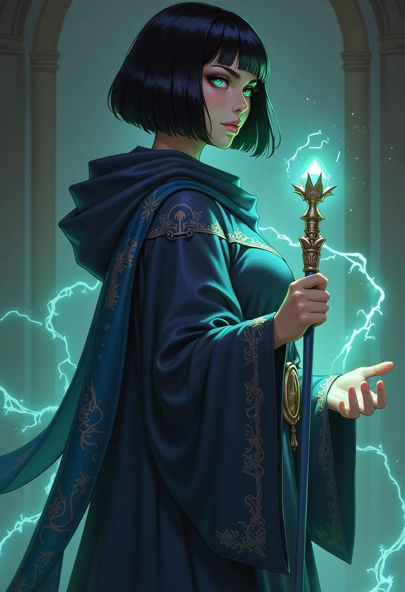 A captivating female mage stands tall, her sleek, jet-black hair cut into an asymmetrical bob, sharply framing her angular face. Her glowing, emerald-green eyes seem to pierce through the shadows, giving her an aura of mystery and power. She wears a flowing, midnight-blue robe adorned with silver celestial patterns, shimmering like starlight. Her hands crackle with arcane energy, one gripping a staff crowned with a radiant crystal, while the other casts a soft, ethereal glow. A long, enchanted scarf billows behind her, trailing in the air as if alive, adding an air of grace to her formidable presence.

Incase style.