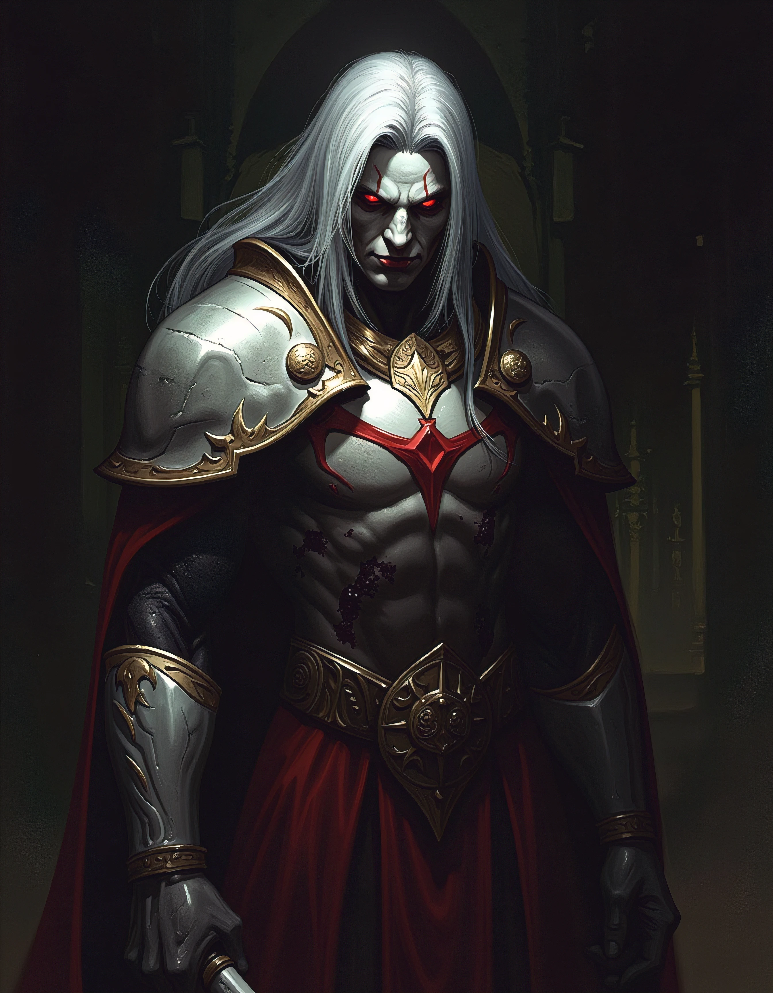 perfect drow with long hair and red eyes in a dark room, angry complexion, white and red armor, old gray hair