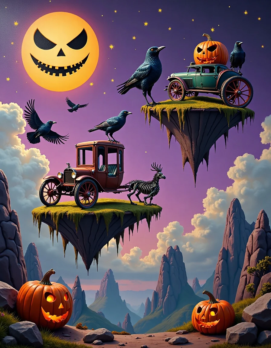 setoscape_style, A masterful surrealist Halloween painting in the distinctive style of Tomasz Setowski, portraying a whimsical, eerie landscape where floating islands drift through misty, moonlit skies. The islands are haunted with surreal mechanical-organic creatures, like crows made of twisted rusted metal, with glowing eyes, and vintage Halloween objects, including a skeletal antique carriage suspended in mid-air with oversized, spiked wheels, defying gravity. The sky above features a large, grinning jack-o'-lantern face, casting an ominous glow over the scene. The composition is rich in dark, jewel-toned purples, deep oranges, and sharp contrasts, with layers of perspective that evoke a sense of unsettling mystery. Soft, painterly strokes bring the ghostly mechanical textures to life, blending precision with haunted imagination in this surreal, Halloween world