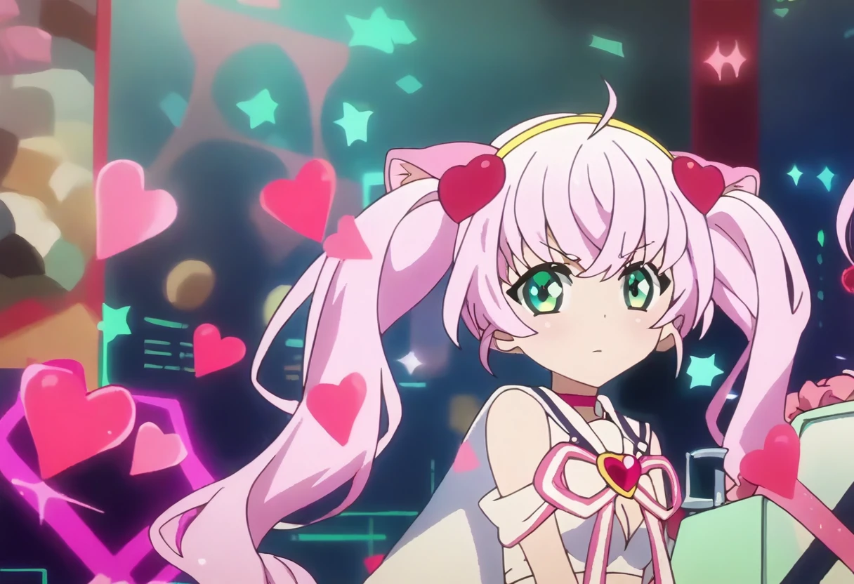 score_9, score_8_up, score_7_up, score_6_up, score_5_up, score_4_up, source_anime, rosia , 1girl, pink hair, green eyes, headband, heart, looking at viewer,   <lora:Show_By_Rock_Criticrista_v2_pxl:1>