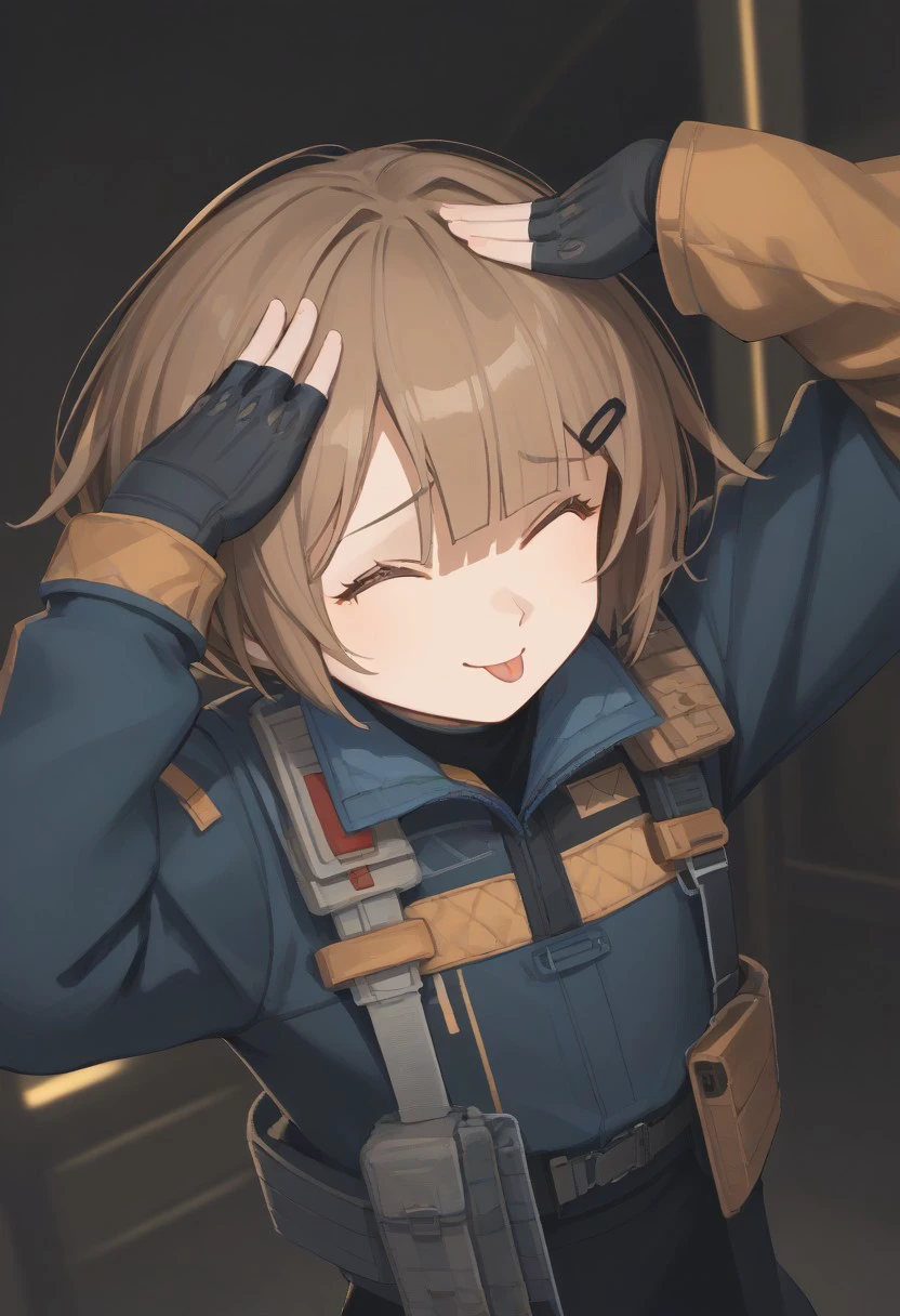 score_9, score_8_up, score_7_up, source_anime, BREAK hairclip, short hair, brown hair, bangs, hairclip, fingerless gloves, jacket, shorts, pantyhose, AhEtoBlehMeme, closed eyes, tongue out, :p, hands on own head, smile