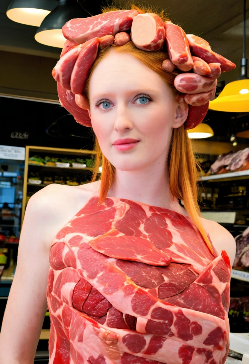 Beautiful woman in a butcher's shop, wearing a bunch of meat stitched together as a dress, thick steaks, bacon, salami