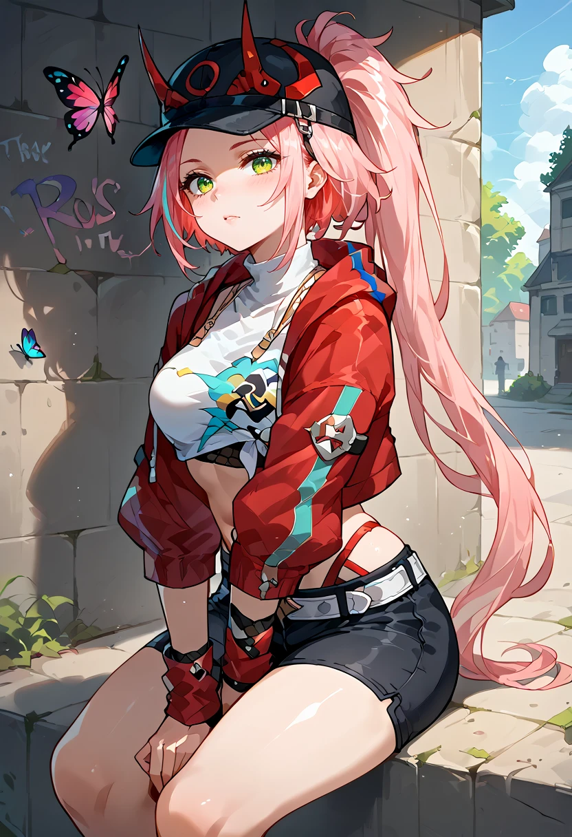 score_9, score_8_up, score_7_up,
<lora:SH_HSR_Rappa:0.8> Rappa, 1girl, split screen,
hourglass, balanced bust and hips, defined waist with middle teardrop breasts, multicolor hair, pink hair, long ponytail, shirt, white shirt, crop top, red jacket, navel, shorts, open clothes, baseball cap,
loosely fitting,draped, hopeful longing,
hard light, open butterfly, exposed body,
arms between legs, hanging hair, head tilt, graffiti, ninjutsu,
key light, haunting graveyard, moss-covered stones, whispering winds, fading memories background,