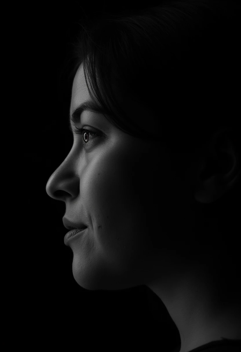 a black and white face profile photo of alineabboud, a woman. The background is black.