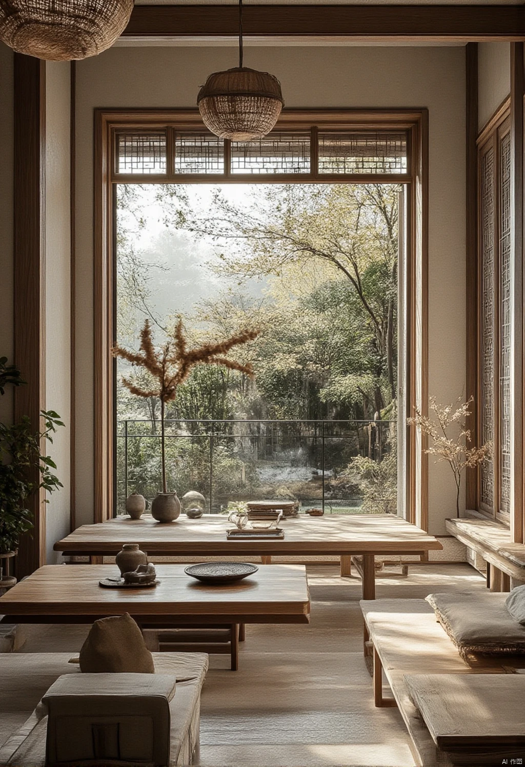 Chinese design style,Captured from a high-angle perspective on a sunny day,a table is situated in front of a window. The table is made of a light-colored wood