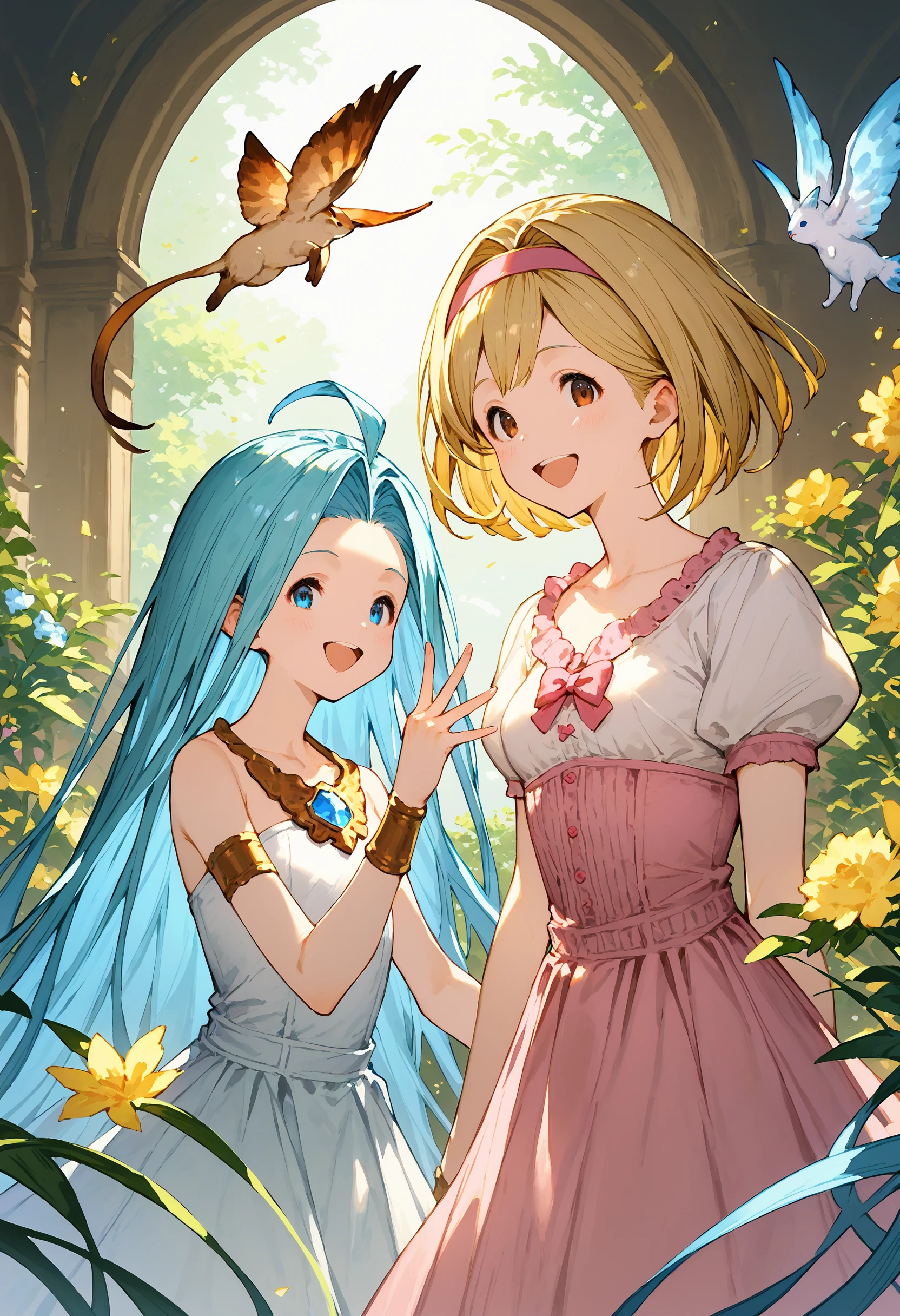 score_9, score_8_up, score_7_up, masterpiece, best quality, very aesthetic, absurdres,
2girls, happy, clear eyes,
lyria \(granblue fantasy\), very long hair, blue hair, medium breasts, skinny, body_slim, small breasts, white cami-dress, bare shoulders, strapless, 
djeeta \(granblue fantasy\), (short hair, blonde hair:1.1), pink blouse, hairband, short sleeves, 
 <lora:JitaRuri-PonyV6:1> jitaruri,