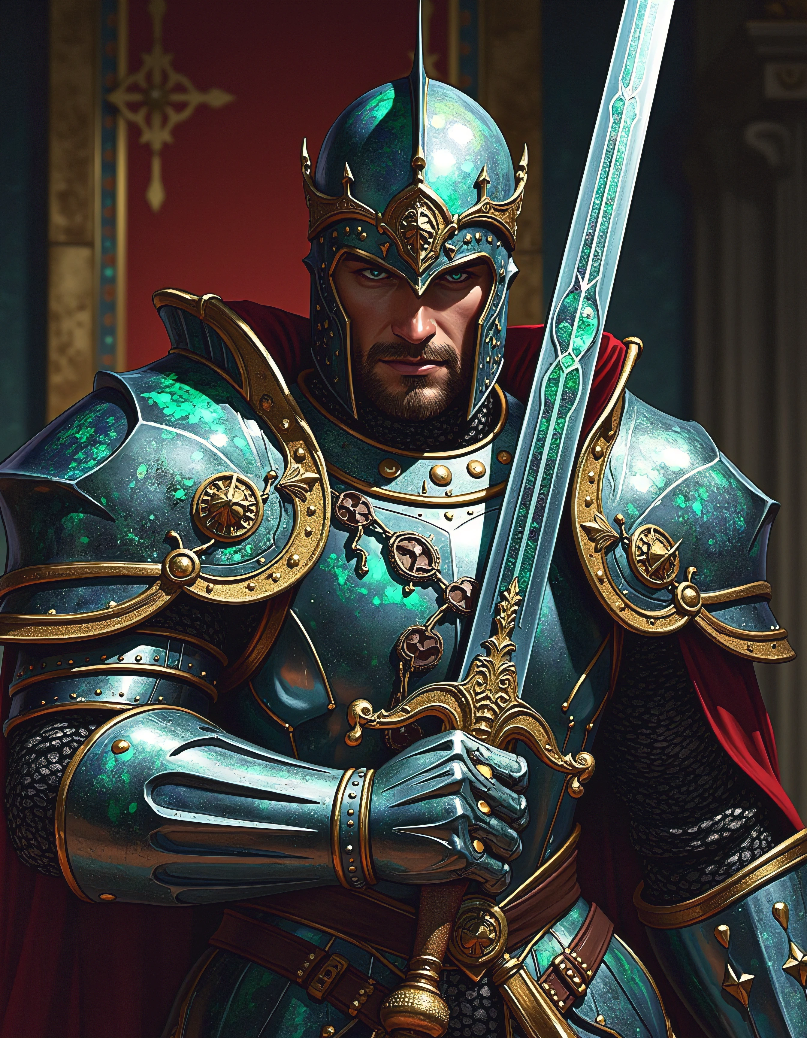 male warrior with a sword and armor, baroque marble and gold, intricate iridescent opal armor