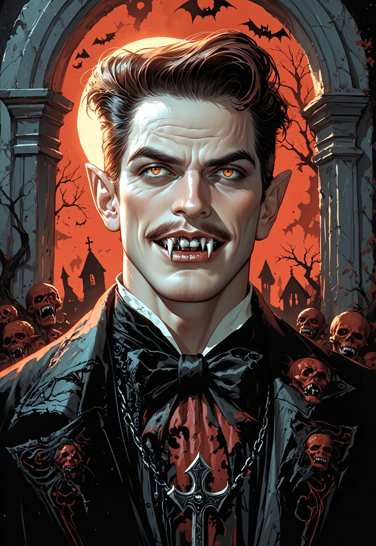 v1nt4g3 h3ll0w33n, A (man dressed as a vampire:1.3) with (pointy ears:1.2) and (detailed fangs:1.4), set against a (gothic cemetery background:1.3), capturing an eerie yet captivating atmosphere, dramatic lighting, intricate costume details, inspired by the styles of (Norman Rockwell:1.4) and (Joe Madureira:1.3), rich colors, hauntingly beautiful, score_9, score_8_up, score_7_up, score_6_up, score_5_up, score_5_up, score_4_up