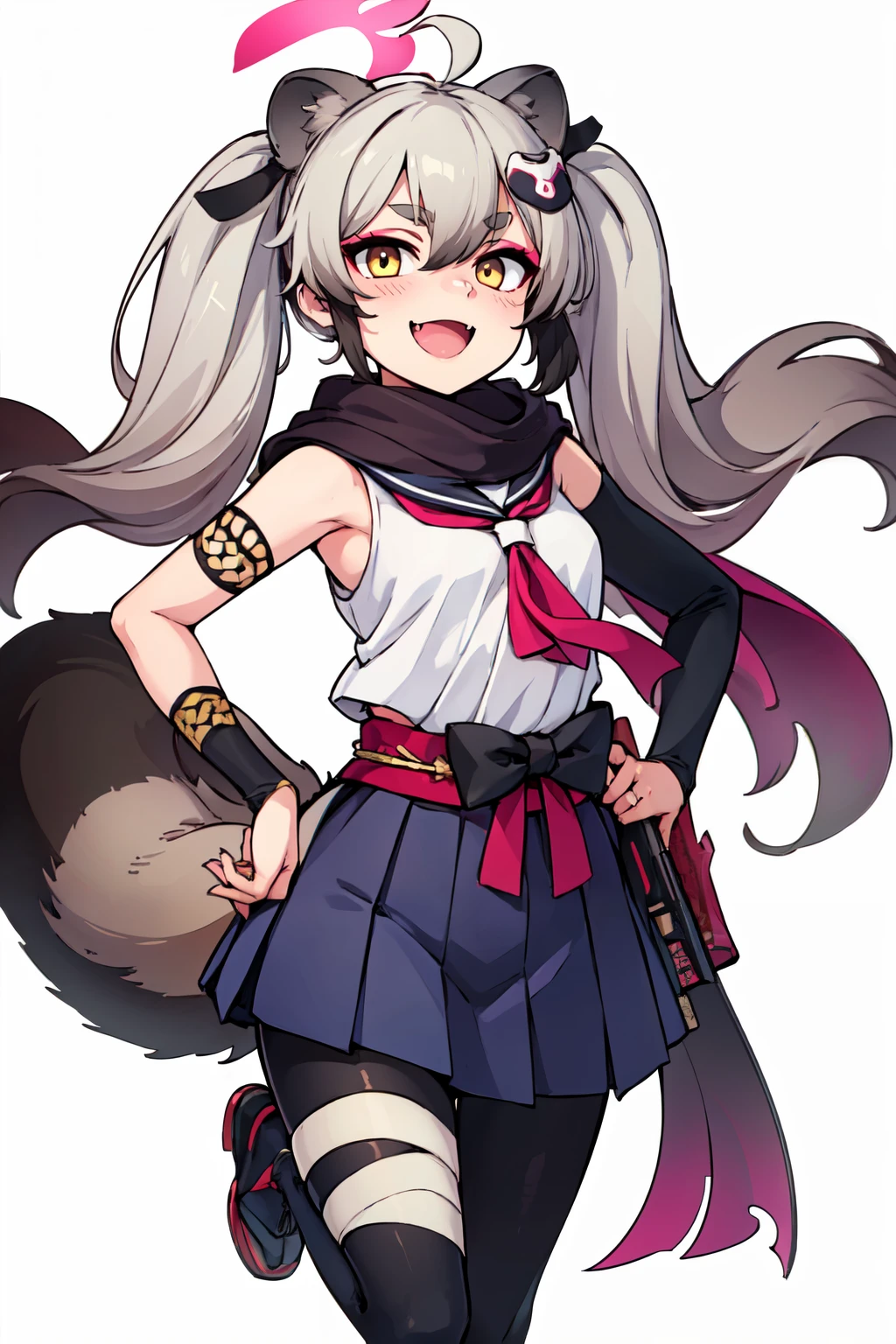 ((masterpiece,best quality)), absurdres,  BREAK, , <lora:Michiru_BlueArchive_Citron:0.8>, zzMichiru: animal_ears, grey_hair, long_hair, raccoon_ears, raccoon_girl, halo, twintails, yellow_eyes, hair_between_eyes, multicolored_hair, tail, raccoon_tail, hair_ornament, ahoge, fang 1girl, black_pantyhose, black_scarf, looking_at_viewer, neckerchief, ninja, pleated_skirt, serafuku, sleeveless, smile, solo, blue_skirt, eyeshadow, open_mouth, pump_action, shotgun, simple_background, white_background, bridal_gauntlets, full_body, holding_gun, ribbon, bandaged_leg, japanese_clothes, shoes, standing_on_one_leg , BREAK, hip to the side, hand on hip, contrapposto,, BREAK, solo, smile, looking at viewer, cowboy shot,