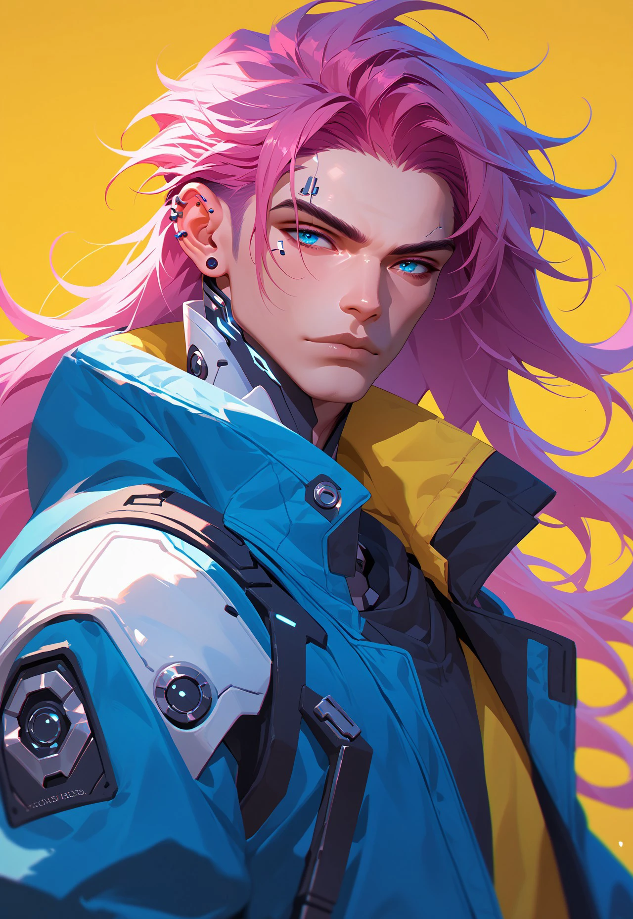 c4ndy, solo, cyberpunk, blue eyes, mask, jacket, pink hair, yellow background, piercing, mechanical arms, blue jacket, male focus, looking at viewer, long hair, 1boy, cyborg, upper body, eyebrow cut, ear piercing, floating hair, single mechanical arm, illustrative,, score_9, score_8_up, score_7_up, score_6_up, score_5_up, score_5_up, score_4_up