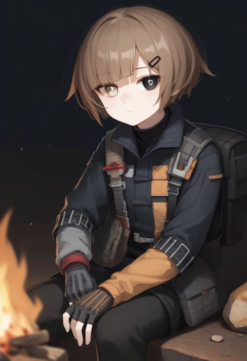 score_9, score_8_up, score_7_up, source_anime, BREAK sitting, campfire, expressionless, hairclip, short hair, brown hair, (heterochromia, white iris, black iris:1.2), jacket, bangs, jacket, fingerless gloves, looking at viewer, white pupil, black pupil