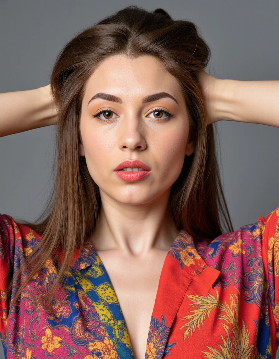 the image features a portrait of a woman in a colorful shirt,<lora:charming_milana:1>,charmingmilana,