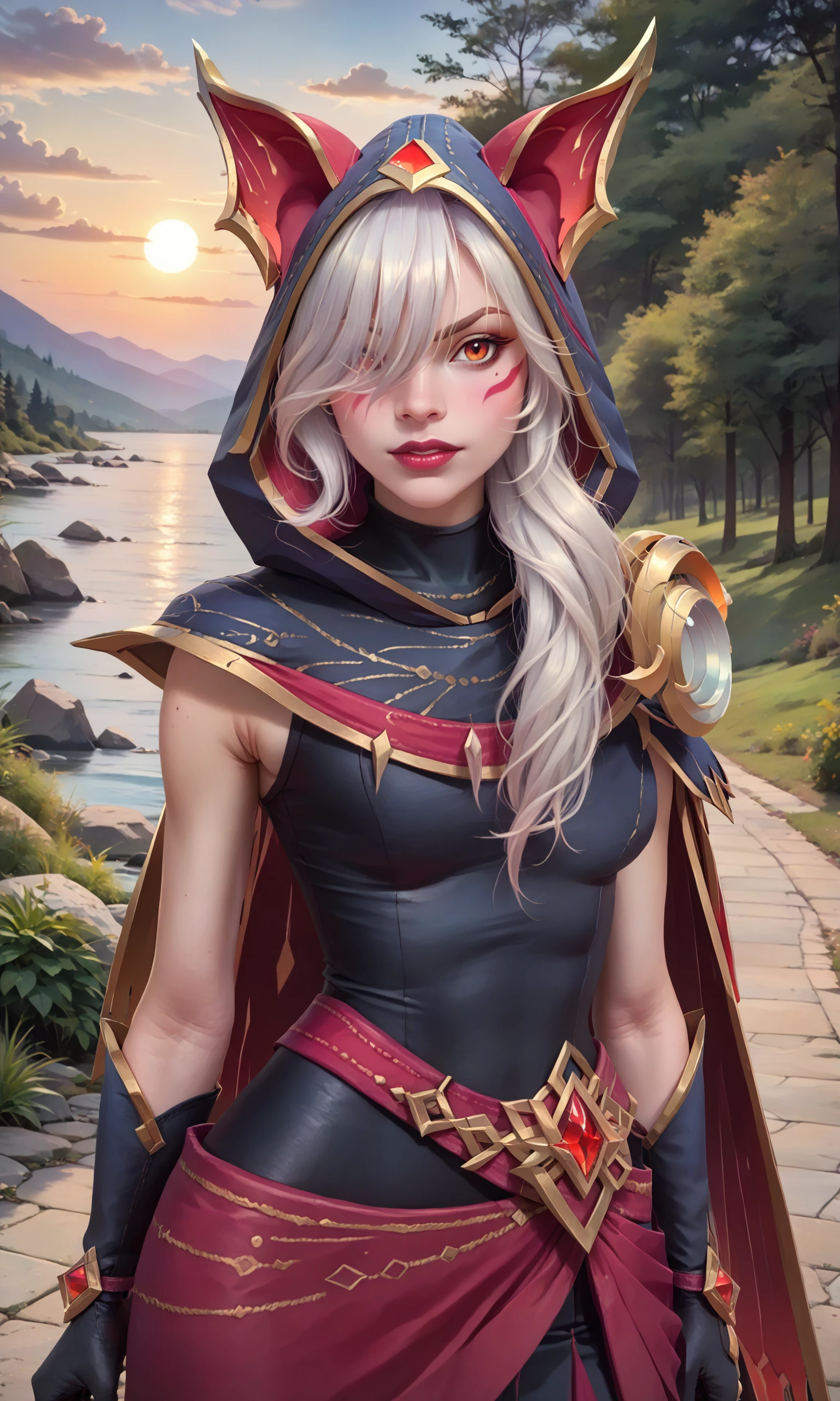 score_9, score_8_up, score_7_up, (solo, 1girl), absurdres, ,highres, official wallpaper), (masterpiece, best quality:1.2), (illustration, realistic), (perfect details, highest detailed, extreme detailed), 
(arcana xayah, 
(ArcanaCloak:1.5),
ArcanaHair, hair over one eye, facial mark,
hood up, animal ears under hood, earless)
outdoors, red sunset, looking at viewer