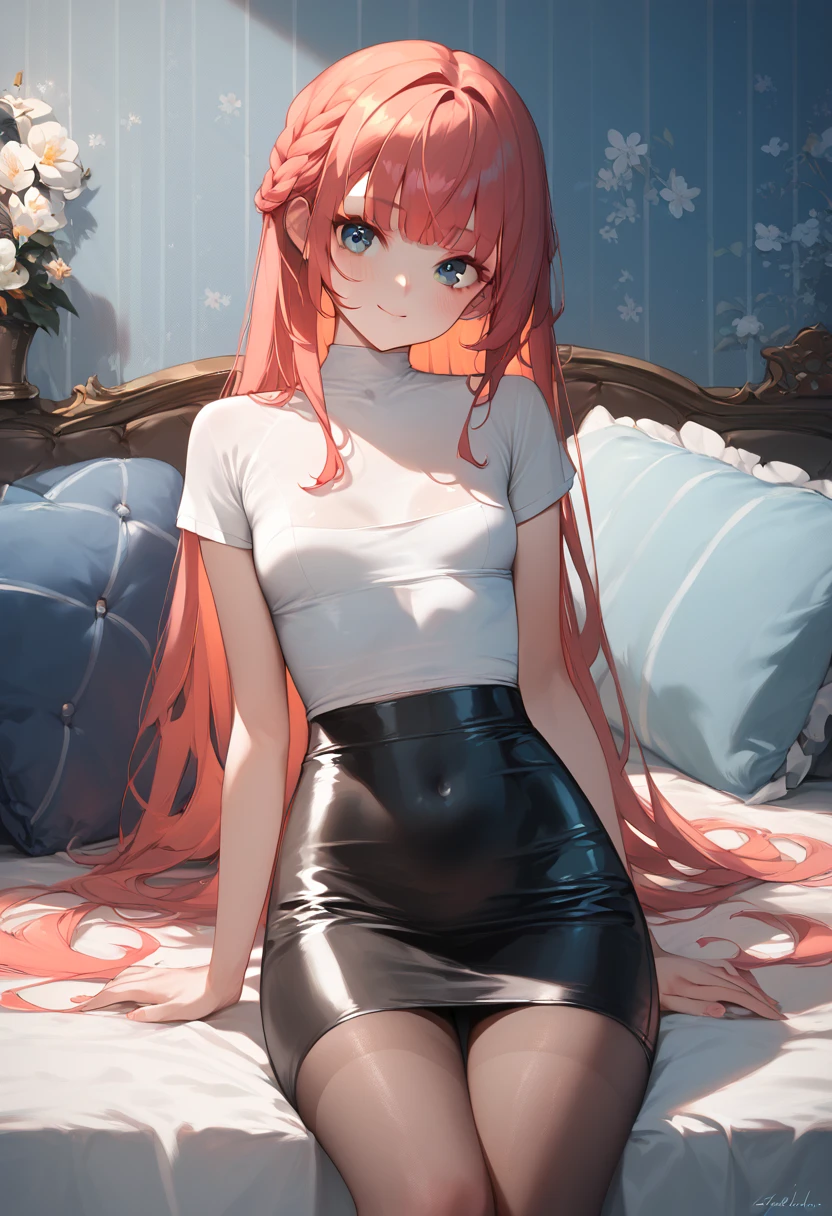 (score_7_up:1)(score_8_up:1)(score_9:1.2),
(source_anime:0.5), (perfect anatomy) 
(best quality), (masterpiece), uncensored, (detailed character line) 
(Vtuber)

(detailed background of lovers bedroom with moody lights)
(detailed bed)

(1girl)

(cute face)

(tight clothes:1.3)
(tight shirt)
(tight skirt)

(small breasts)