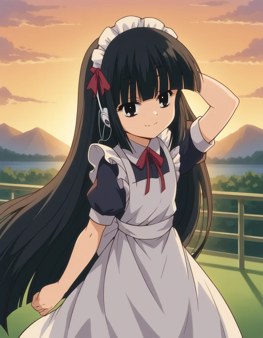 score_9, score_8_up, score_7_up, source_anime, <lora:kuro-kagami-s1-ponyxl-lora-nochekaiser:1>, kuro kagami, long hair, bangs, black hair, very long hair, blunt bangs, black eyes,, bow, ribbon, hair bow, apron, maid,, suburban neighborhood, morning jog, earphones, running shoes, fresh air, sunrise, smile, hand behind head, , looking at viewer, solo,, dutch angle, cowboy shot