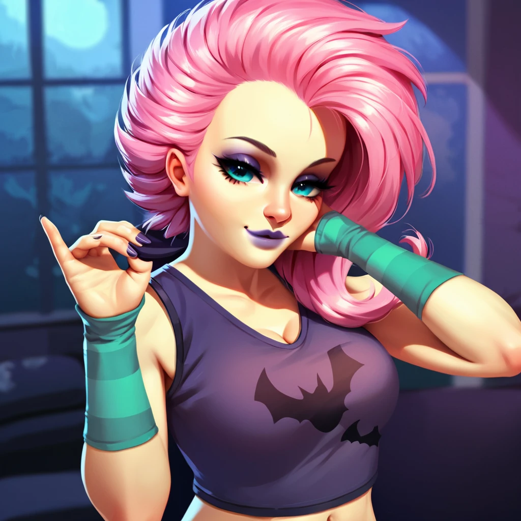 core_9, score_8_up, score_7_up, score_6_up, score_5_up, flutterpunk, cute, solo, crop top, 1girl, pink hair, bending over, upper body, 5 fingers, looking at viewer, bat print shirt, sleeveless, lips, purple lipstick, bedroom eyes, navel, cleavage, masterpiece, best quality, high quality