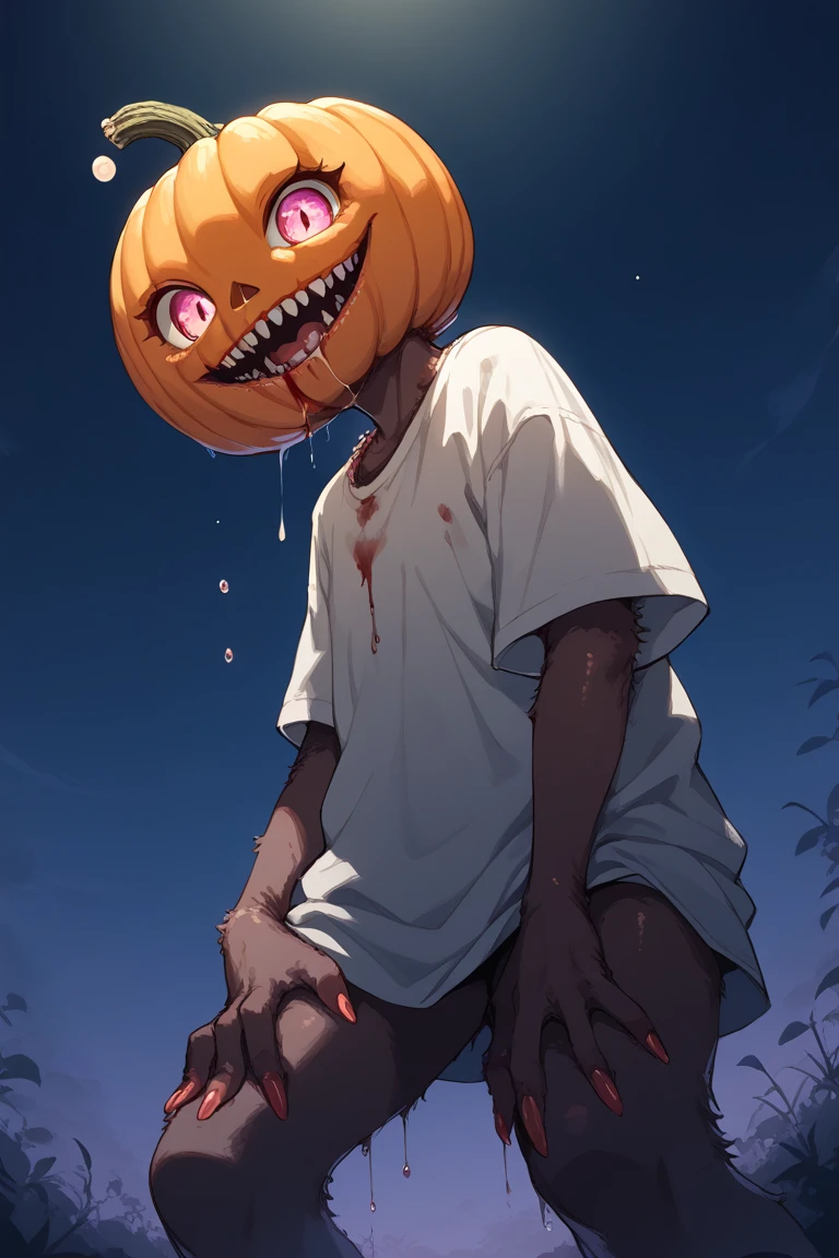 score_9, score_8_up, score_7_up, source_anime, rating_questionable, night, night sky, dark, dim lighting, pumpkin-humanoid focus, hand on own thighs, DaPUMPKIN, looking at viewer, DaPUMPKIN_head, monster girl, monster, blood, drooling, dripping, wide smile, open mouth, smiling, 1girl, simple purple-blue gradient background, from below, dutch angle, intricately detailed illustration, horror (theme)