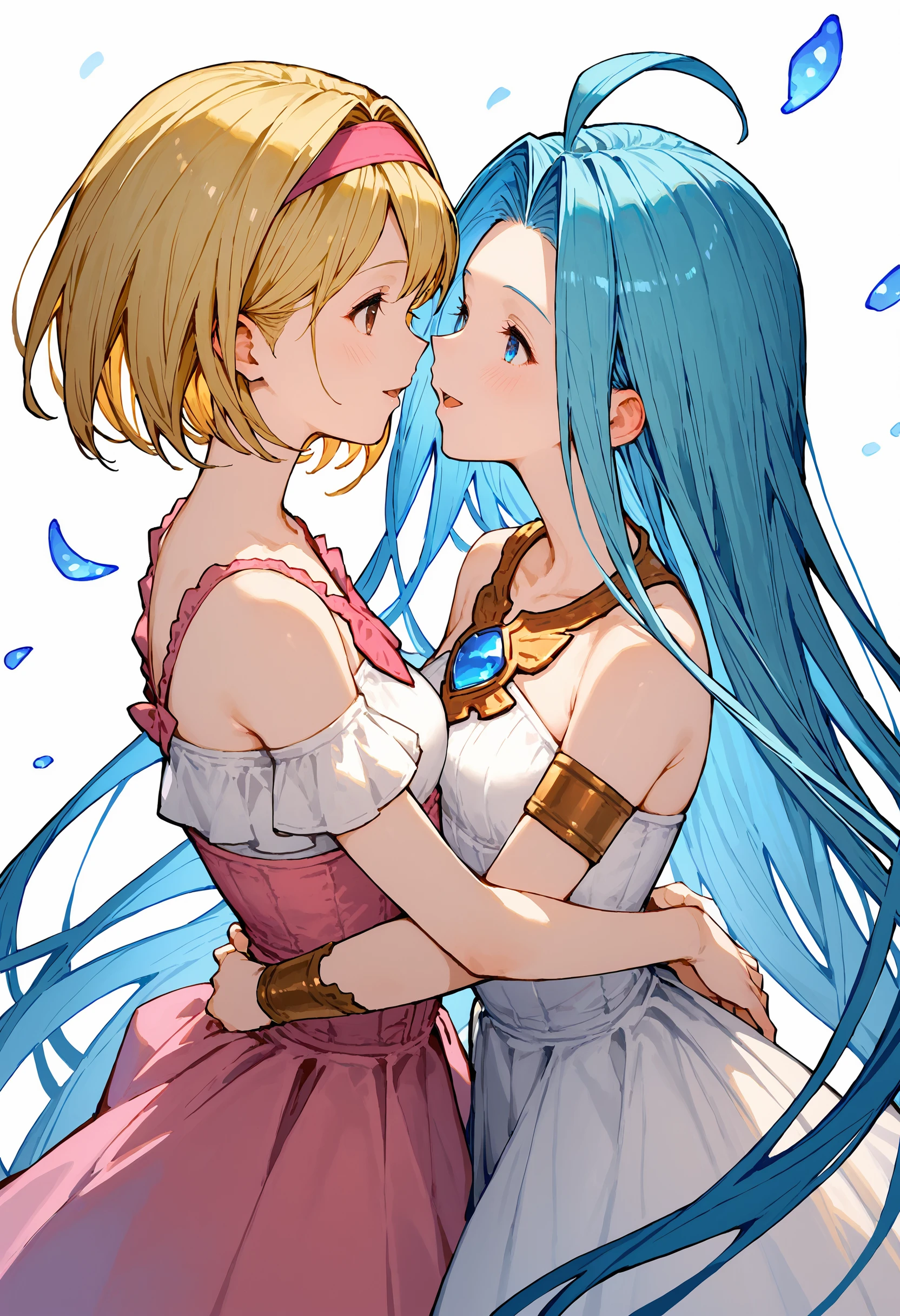 score_9, score_8_up, score_7_up, masterpiece, best quality, very aesthetic, absurdres,
2girls, yuri, happy, imminent kiss, clear eyes,
lyria \(granblue fantasy\), very long hair, blue hair, medium breasts, skinny, body_slim, small breasts, white cami-dress, bare shoulders, strapless, 
djeeta \(granblue fantasy\), (short hair:1.1), blonde hair:1.1, pink blouse, hairband, short sleeves, 
 <lora:JitaRuri-PonyV6:1> jitaruri,