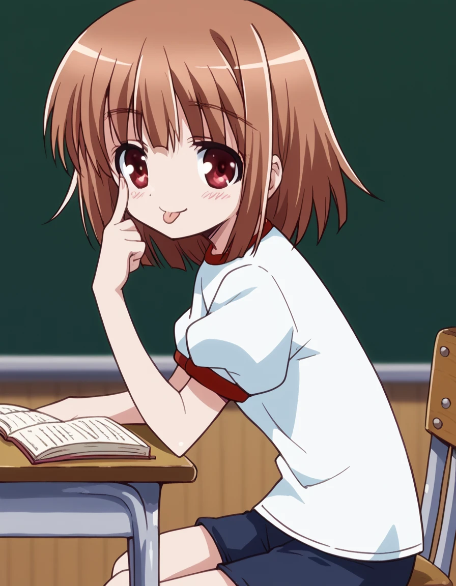 score_9, score_8_up, score_7_up, source_anime, <lora:airi-kashii-s1-ponyxl-lora-nochekaiser:1>, airi kashii, short hair, brown hair, red eyes,, gym uniform, shorts,, classroom, chalkboard, day time, studying, sitting, chair, desk,, smile, <lora:akanbe-ponyxl-lora-nochekaiser:1>, akanbe, eyelid pull, finger to eye, tongue out, :p, tongue, ;p, blush, leaning forward, bent over, from side,, looking at viewer, solo,, dutch angle, cowboy shot