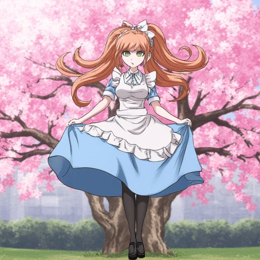 Chisa Yukizome wearing her uniform from Danganronpa 3 Despair arc and standing under a cherry blossom tree. Danganronpa sprite style. Chisa is depicted in a full body shot, from the top of her head to her feet, standing with her legs slightly apart and her arms outstretched as she holds the hem of her skirt in each hand. Chisa Yukizome has green eyes and orangish brown hair in a ponytail with a pink scrunchie. Chisa wears a white ruffled apron over a matching set of light blue suit and skirt, button-down white dress shirt, long black pantyhose, and black mid-heel shoes. She has one leg slightly bent to the side and the other is straight. The skirt is flowing out around her legs, and her arms and hair are flowing in a windless environment. She is looking straight ahead. The background is the martial arts dojo of Hope's Peak. Thre's a Japanese style building in a courtyard with rows of cherry blossom trees. The building has a dark brown wooden roof and brown wooden walls. A large gate with purple fabric curtains, decorated with white crests, is open. There are several white circular archery target-like objects placed in a row on the brown wall of the building behind the gate. The gate leads into a dark grey cobblestone path covered in pink cherry blossom petals. There are many pink blossom petals falling down in the air, falling against the black night sky. A thick wooden plank with a wood grain texture is at the bottom of the image and covers a part of the lower portion of the cherry blossom trees.