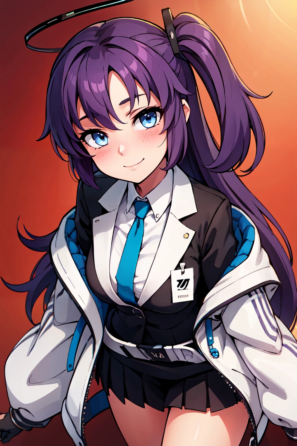 ((masterpiece,best quality)), absurdres,  BREAK, , <lora:Yuuka_BlueArchive_Citron:0.8>,, zzYuuka, halo, purple hair, long hair, mechanical halo, purple eyes, two side up, blue eyes, parted bangs, ponytail,, , black skirt, blue necktie, collared shirt, long sleeves, pleated skirt, suit, white jacket, white shirt, black gloves, off shoulder, open jacket, miniskirt, belt pouch, black jacket, , id card, white belt, two-sided jacket, two-sided fabric,  , BREAK, leaning forward, head tilt, blush, upper body,, BREAK, solo, smile, looking at viewer, cowboy shot,