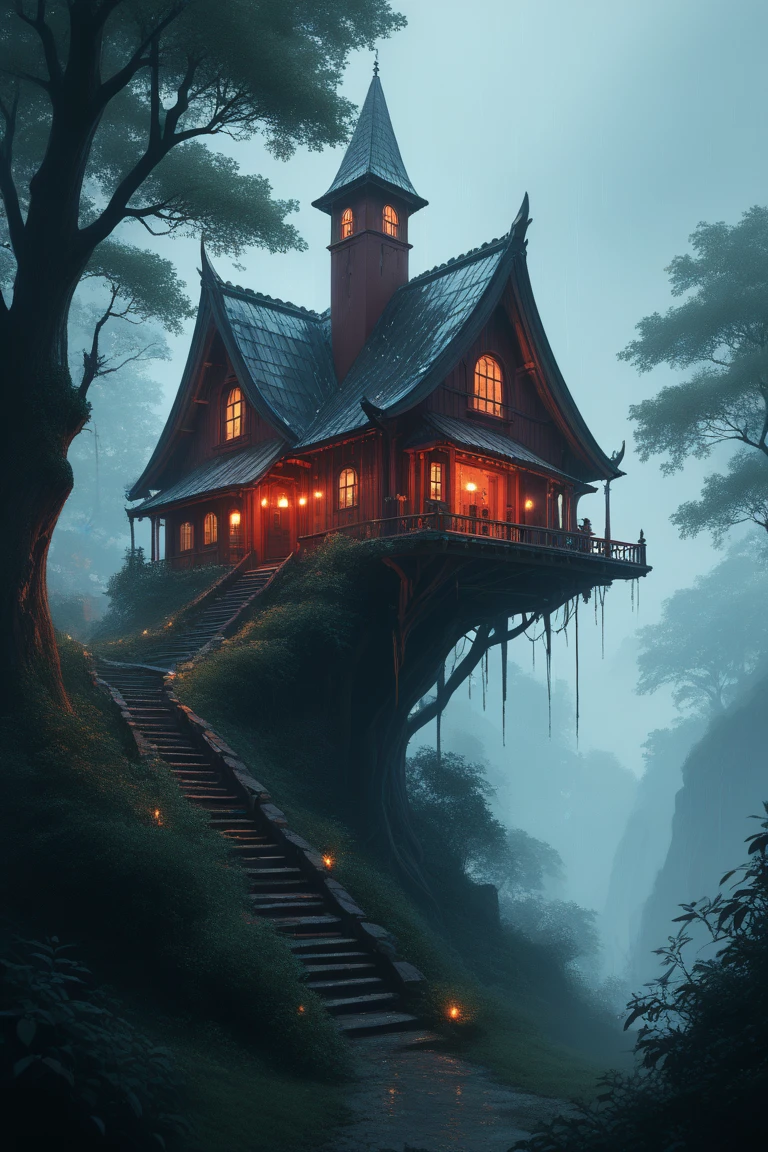 score_9, score_8_up, score_7_up, source_anime, rating_safe, dark, raining, natural lighting, fantasy-treehouse focus, DaTH, DaTH_architecture, scenery, intricately detailed illustration, atmospheric perspective, depth of field,, red theme, horror (theme)