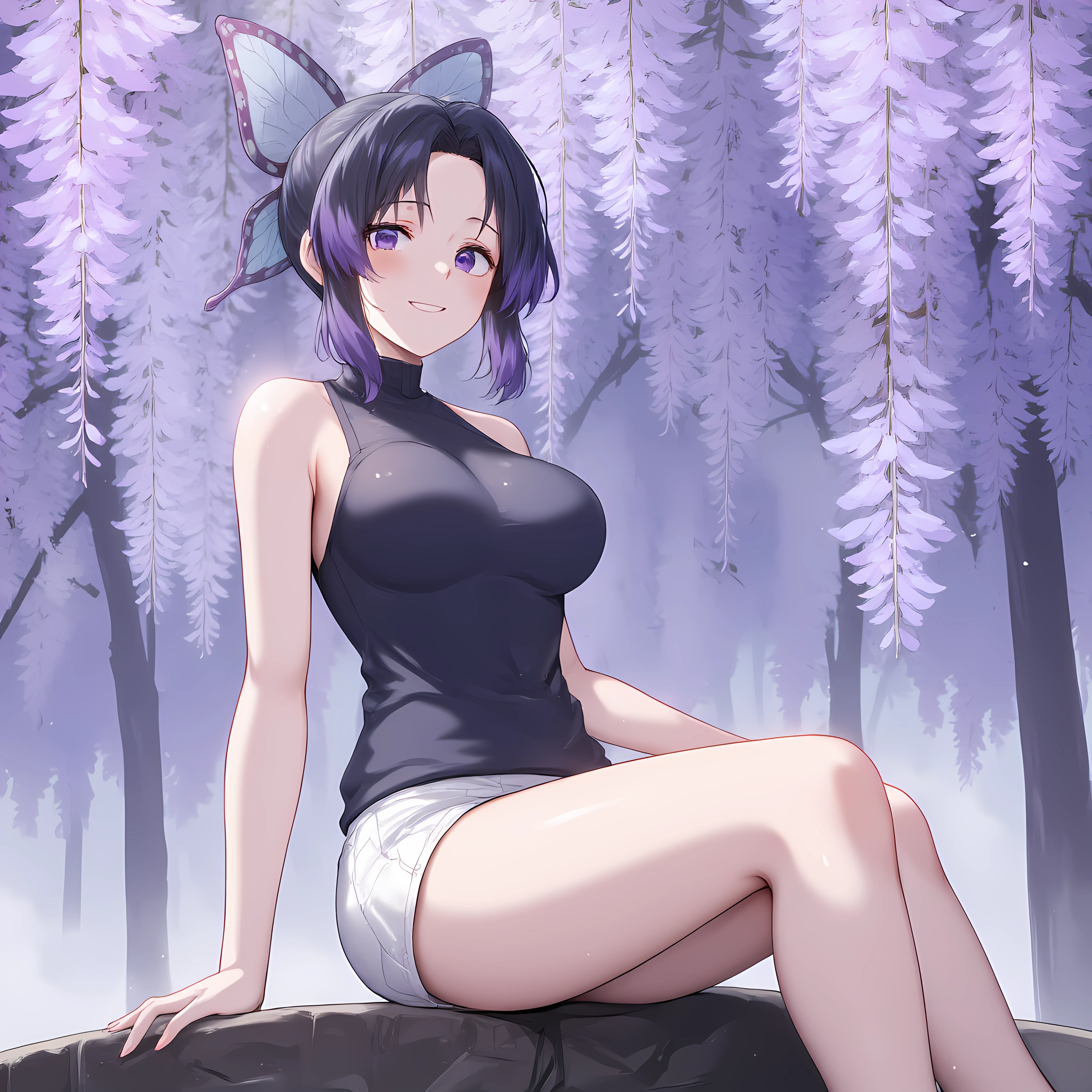 Kochou Shinobu, Kochou Shinobu stands confidently in a realistic illustration, rocking t-shirt and white shorts. Her hair is short, black, and styled with a side ponytail and a butterfly_hair_ornament, , while her eyes are a striking purple. She is sitting on the rock, and a serene smile graces her face. In the background, there is a grove of wisteria flowers, with steam rising from the sky., adding a touch of whimsy to the scene. The overall vibe is calm and dignified, showcasing Kochou's poised and composed demeanor.