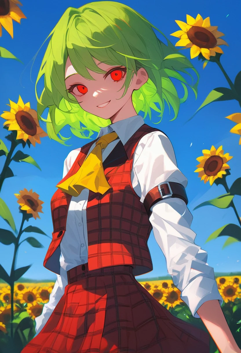 rating_explicit, score_9. score_8_up, score_7_up, nlstn, 1girl, solo, green hair, red eyes, flower, skirt, vest, ascot, sunflower, plaid vest, shirt, long sleeves, plaid, plaid skirt, looking at viewer, field, flower field, skirt set, day, white shirt, smile, short hair, arm belt, yellow ascot, open vest, red skirt, sky, red vest, outdoors, blue sky