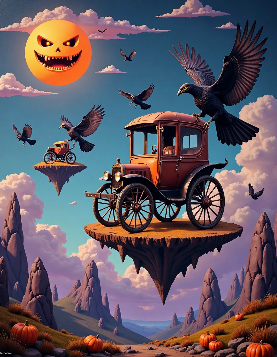 setoscape_style, A masterful surrealist Halloween painting in the distinctive style of Tomasz Setowski, portraying a whimsical, eerie landscape where floating islands drift through misty, moonlit skies. The islands are haunted with surreal mechanical-organic creatures, like crows made of twisted rusted metal, with glowing eyes, and vintage Halloween objects, including a skeletal antique carriage suspended in mid-air with oversized, spiked wheels, defying gravity. The sky above features a large, grinning jack-o'-lantern face, casting an ominous glow over the scene. The composition is rich in dark, jewel-toned purples, deep oranges, and sharp contrasts, with layers of perspective that evoke a sense of unsettling mystery. Soft, painterly strokes bring the ghostly mechanical textures to life, blending precision with haunted imagination in this surreal, Halloween world