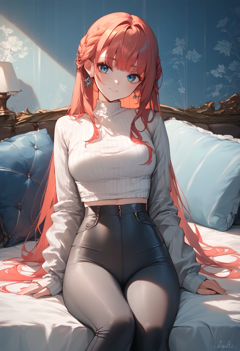 (score_7_up:1)(score_8_up:1)(score_9:1.2),
(source_anime:0.5), (perfect anatomy) 
(best quality), (masterpiece), uncensored, (detailed character line) 
(Vtuber)

(detailed background of lovers bedroom with moody lights)
(detailed bed)

(1girl)

(cute face)

(tight clothes)
(tight pants)