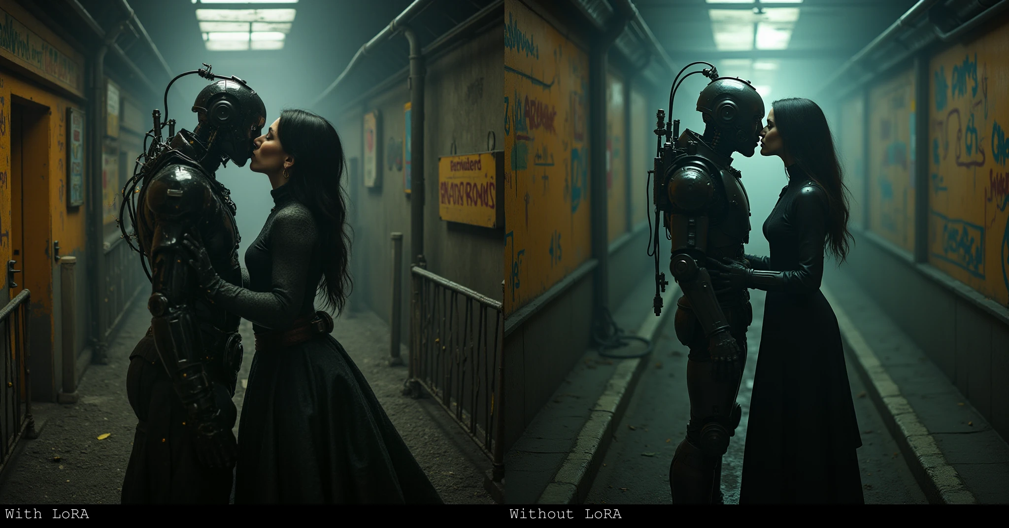 a cyborg man and a steam punk witch minimalist photography of kissing,mid-shot,street level,natural light,shallow depth of field,in an underground world beneath the earths surface,extremely detailed,(8k,RAW photo,best quality,masterpiece:1.2),triadic color palette,modelshoot style,(abstract:1.3)  squinting,(birds eye view:1.4),shot on Ricoh GR III with GR 18.3mm f-2.8,photo by Lillian Bassman 