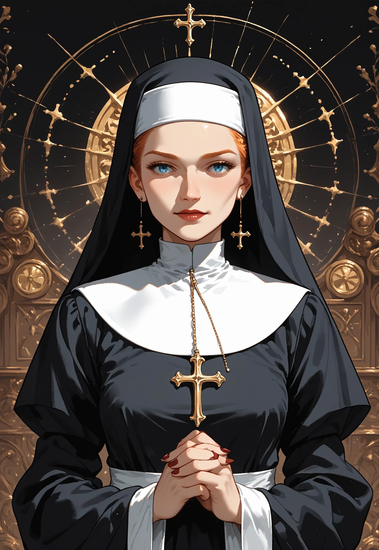 v1nt4g3 h3ll0w33n, source_anime,  A (witchy demon:1.3) in a (nun's outfit:1.2), exuding charm and mystique, fully clothed, with a playful yet enchanting expression, surrounded by (magical elements:1.4), inspired by the styles of (Norman Rockwell:1.4) and (Joe Madureira:1.3), warm colors, whimsical atmosphere, detailed accessories, captivating background, score_9, score_8_up, score_7_up, score_6_up, score_5_up, score_5_up, score_4_up, 