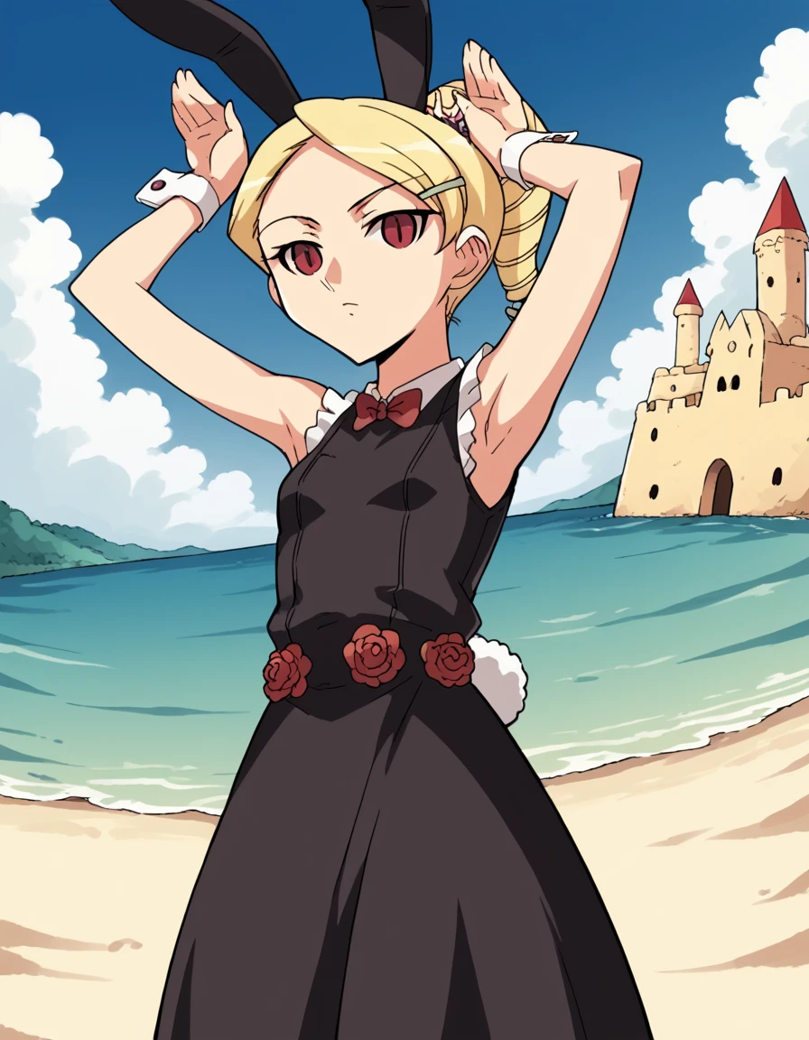 score_9, score_8_up, score_7_up, source_anime, <lora:kaibutsuoujo-sherwood-s1-ponyxl-lora-nochekaiser:1>, sherwood, blonde hair, hair ornament, red eyes, ponytail, hairclip, drill hair, dress, flower, black dress, black dress, skirt, frilled skirt, black skirt, sleeveless, sleeveless dress, beach, sand castle, swimsuit, summer vacation, ocean wave, hands behind head,, , <lora:rabbit-pose-ponyxl-lora-nochekaiser:1>, rabbit pose, playboy bunny, rabbit ears, strapless leotard, fake animal ears, rabbit tail, leotard, detached collar, wrist cuffs, pantyhose,, looking at viewer, solo,, dutch angle, cowboy shot