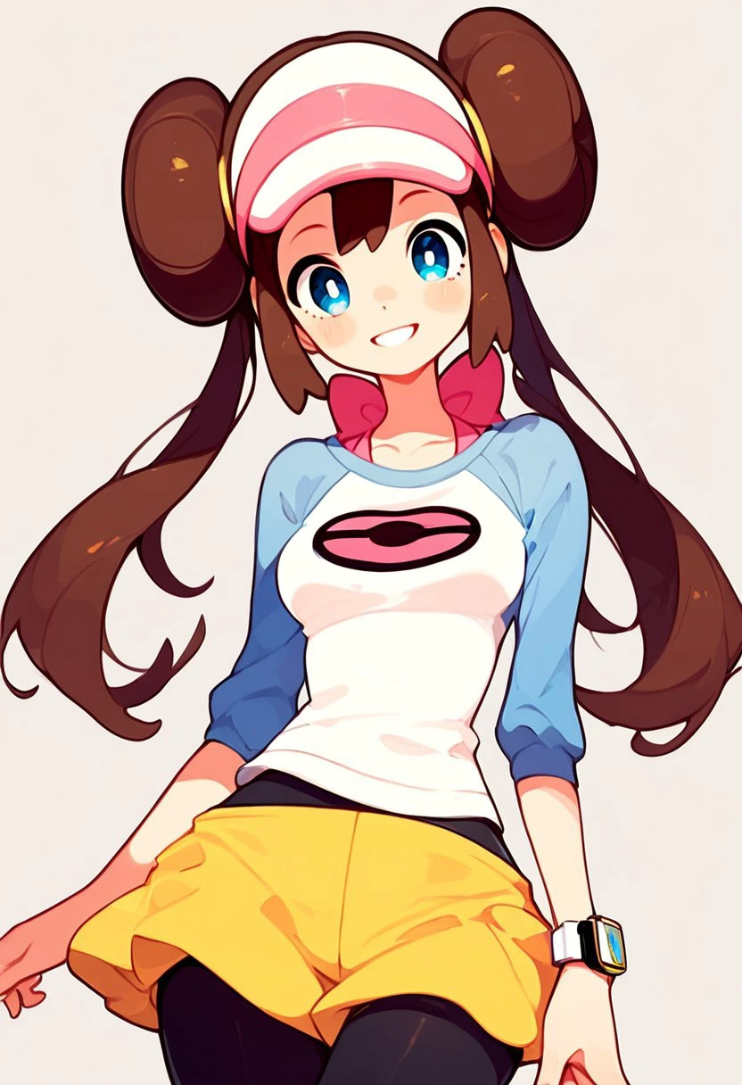 score_9, score_8_up, score_8, medium breasts, (curvy), cute, eyelashes,       
BREAK,
zzRosa, hair bun, blue eyes, twintails, visor cap, pantyhose, raglan sleeves, yellow shorts, shirt, pink bow, wristwatch, 
BREAK,
smile, looking at viewer, cowboy shot,  zPDXL, Expressiveh,