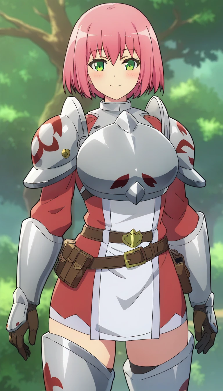 score_9,score_8_up,score_7_up,score_6_up BREAK official art,solo,outdoors,cowboy shot,looking at viewer,facing viewer,smile,blush,Hanabata Nohkins,short hair,pink hair,bangs,green eyes,pauldrons,shoulder armor,breastplate,armored dress,gauntlets,gloves,large breasts,long sleeves,belt,thighs,zettai ryouiki,thigh boots,<lora:Hanabata Nohkins(ig)-Pony:1.5>,