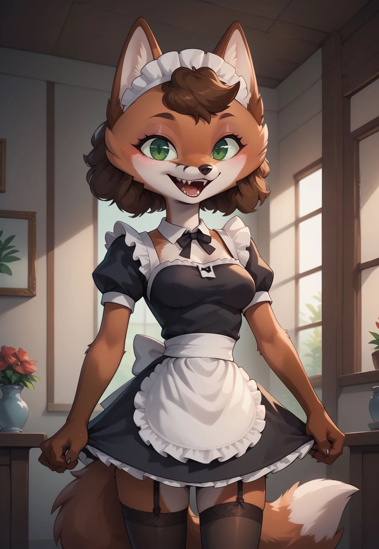 safe_pos, score_9, score_8_up, score_7_up, score_6_up, score_5_up, score_4_up, source_furry, solo, source_cartoon, fox, Sineki, curly hair, brown body, short hair, green eyes, anthro canine fox furry character, middle breasts, Maid outfit, maid hat, stockings, hotel room, happy, anthro, fur, furry body, brown body, 1girl, show accurate, fangs, detailed, open mouth, beautiful, female, vector, flat colors, middle breasts, half-closed eyes, big eyes, 4k, ultra detailed, open mouth, focus eyes, standing, back view, looking back, bottom view