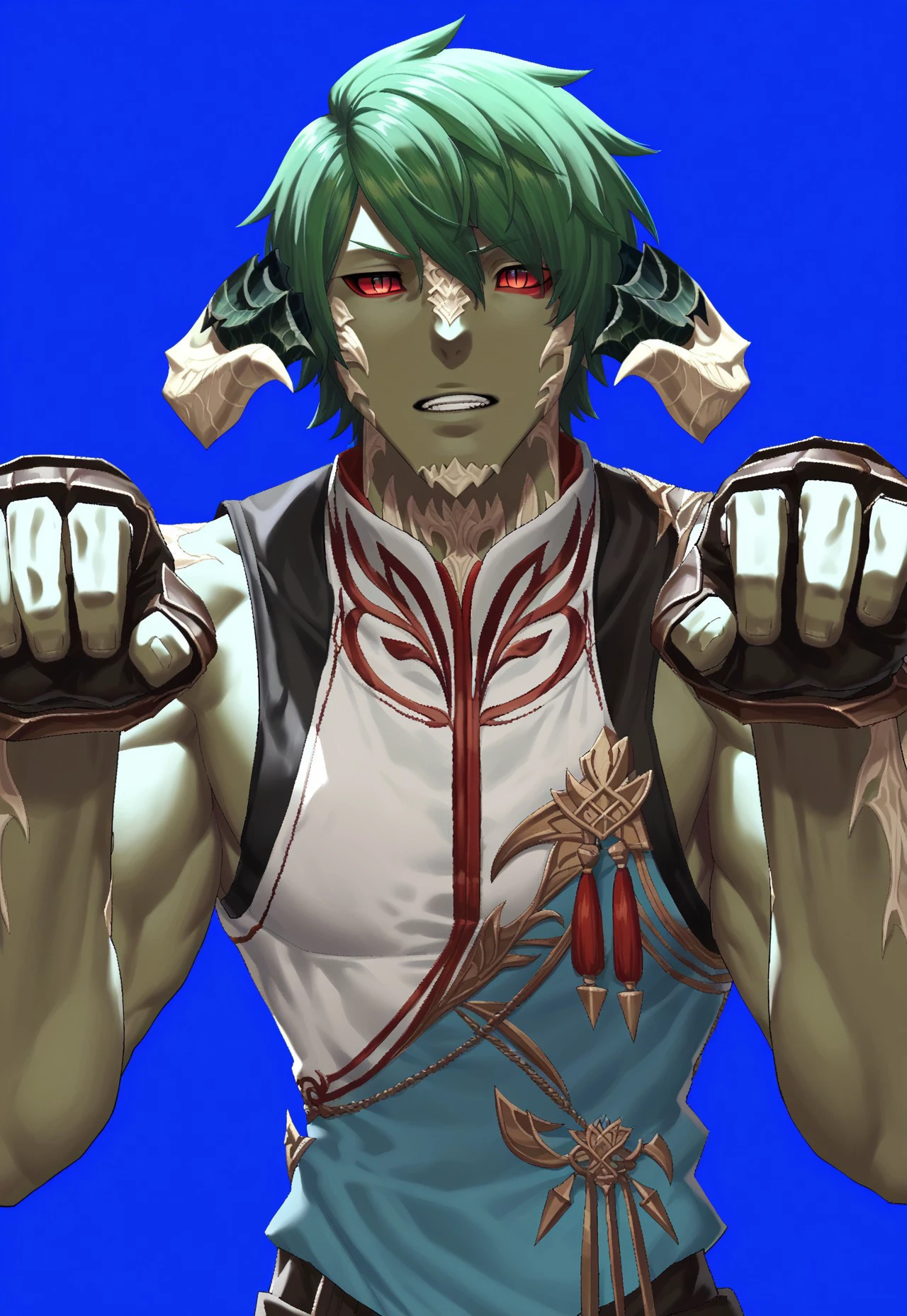 PonyXLV6_Scores m4l3v_pose_duskfallcrew, solo, au ra, red eyes, horns, blue background, scales, male focus, 1boy, dragon horns, looking at viewer, green hair, simple background, upper body, short hair, teeth, clenched hands, sleeveless, colored sclera, bangs, parted lips, fingerless gloves, dark entreaty, hands up, malevolence, pose, source_anime