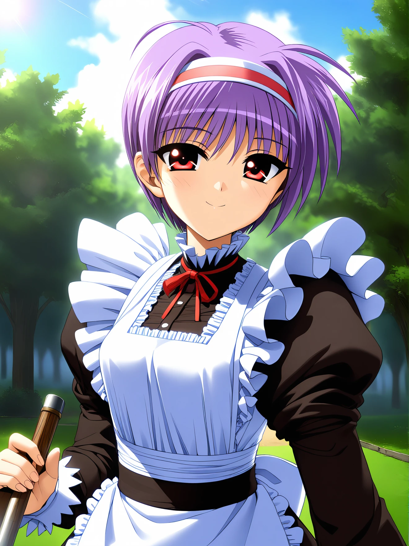 masterpiece, best quality, high quality, aesthetic, absurdres, insanely detailed,
1girl, maid, light purple hair, short hair, leaf, apron, long sleeves, dress, day, frills, outdoors, red eyes, maid headdress, wind, sky, hairband, tree, ribbon, smile, cloud, holding, puffy sleeves, looking at viewer, sunlight, 
<lora:tsuzuki-masaki-style-xl_v1.0:1>